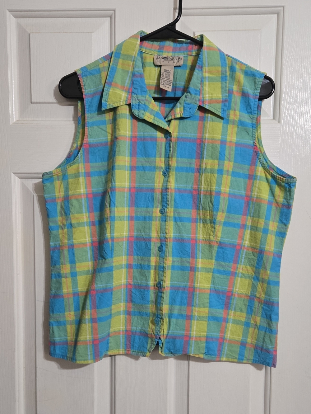 Sag Harbor Blue, Yellow & Pink Plaid Sleeveless Button Front Tank